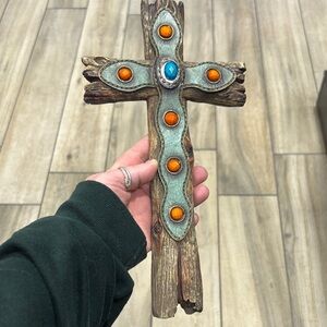 Rustic Wooden Cross with Colorful Accents